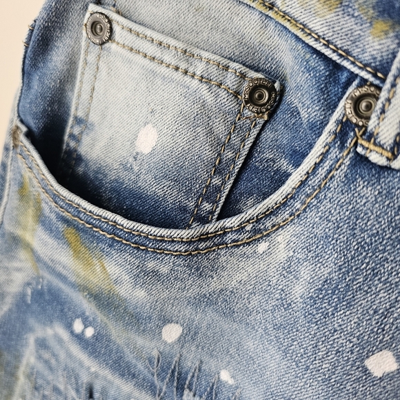 Skinny Fit Distressed Blue Denim Shorts with Stretch - Picture 6 of 15